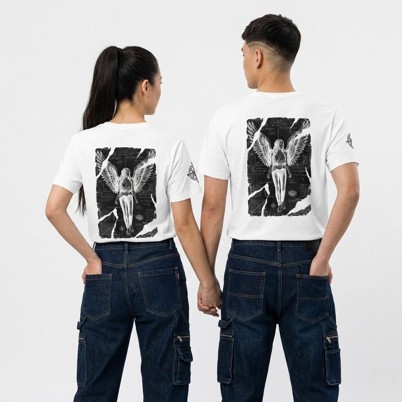 Male and female model back view of wearing white organic unisex t-shirt featuring Anatomia Divina design in invert b&amp;w colors