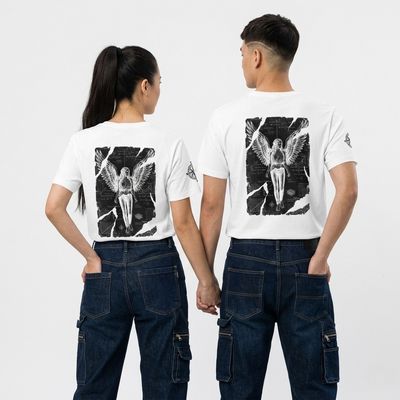 Male and female model back view of wearing white organic unisex t-shirt featuring Anatomia Divina design in invert b&amp;w colors