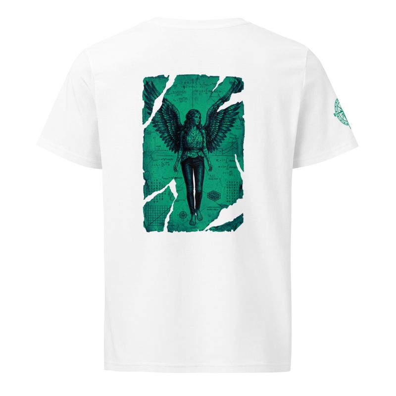 Back view of white organic unisex t-shirt featuring Anatomia Divina transcendent angel design in sea green