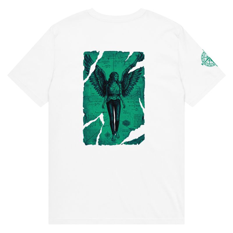 Back view of white organic unisex t-shirt featuring Anatomia Divina transcendent angel design in sea green | flat view