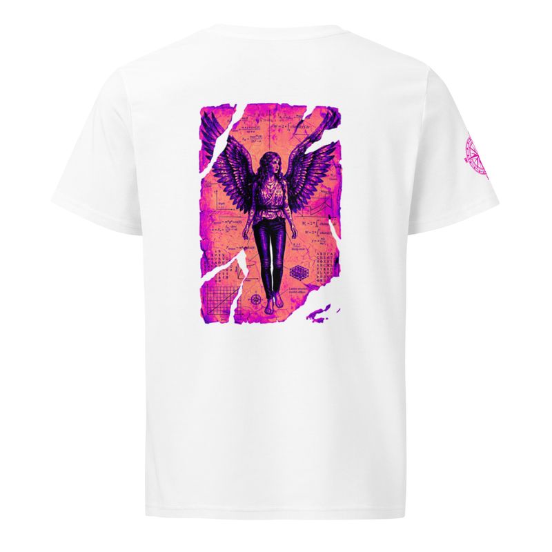 Back view of white organic unisex t-shirt featuring Anatomia Divina transcendent angel design in lilac and pink