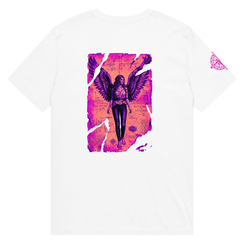 Back view of white organic unisex t-shirt featuring Anatomia Divina transcendent angel design in lilac and pink, flat view