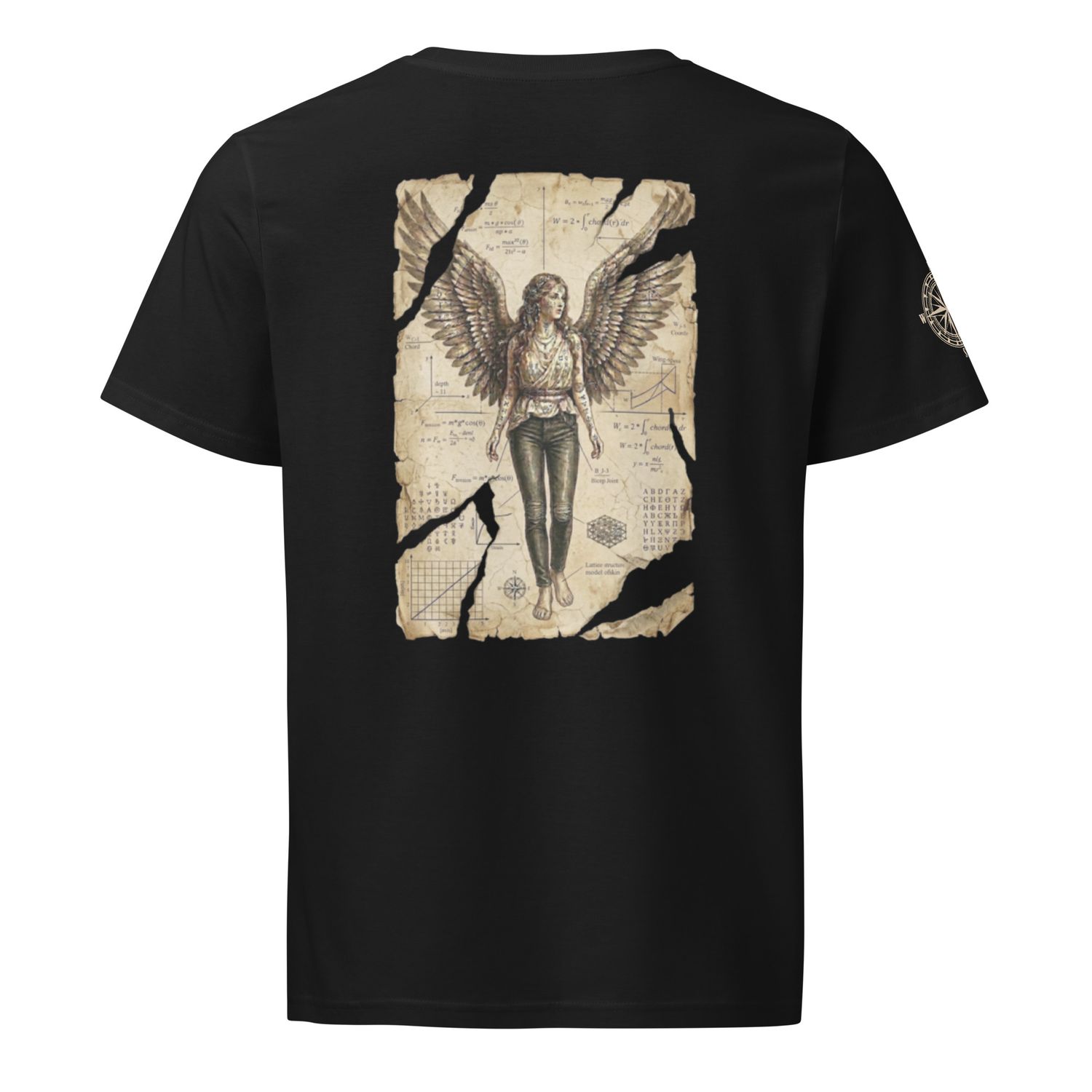 Back view of black organic unisex t-shirt featuring Anatomia Divina transcendent angel design in retro
