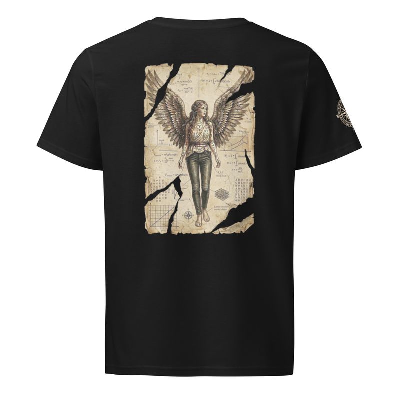 Back view of black organic unisex t-shirt featuring Anatomia Divina transcendent angel design in retro