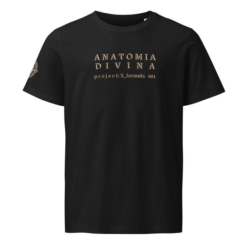 Anatomia Divina retro and black unisex organic t-shirt with text: ANATOMIA DIVINA: project X formula 001, main view