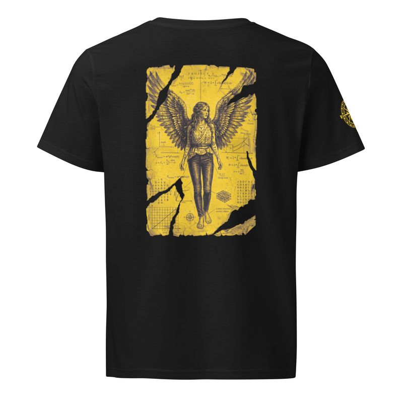 Back view of black organic unisex t-shirt featuring Anatomia Divina transcendent angel design in dandelion