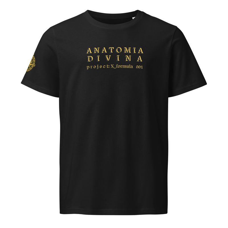 Anatomia Divina dandelion and black unisex organic t-shirt with text: ANATOMIA DIVINA: project X formula 001, main view