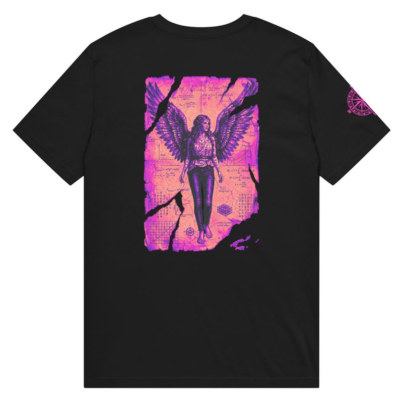 Back view of black organic unisex t-shirt featuring Anatomia Divina transcendent angel design in outrun lilac / pink, flat