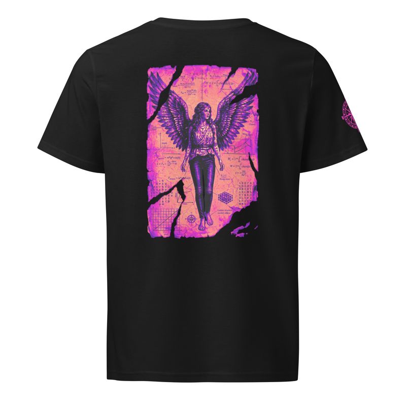 Back view of black organic unisex t-shirt featuring Anatomia Divina transcendent angel design in outrun lilac / pink