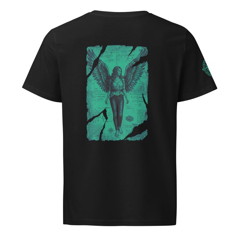 Back view of black organic unisex t-shirt featuring Anatomia Divina transcendent angel design in sea green