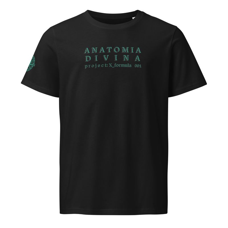 Anatomia Divina sea green and black unisex organic t-shirt with text: ANATOMIA DIVINA: project X formula 001, main view