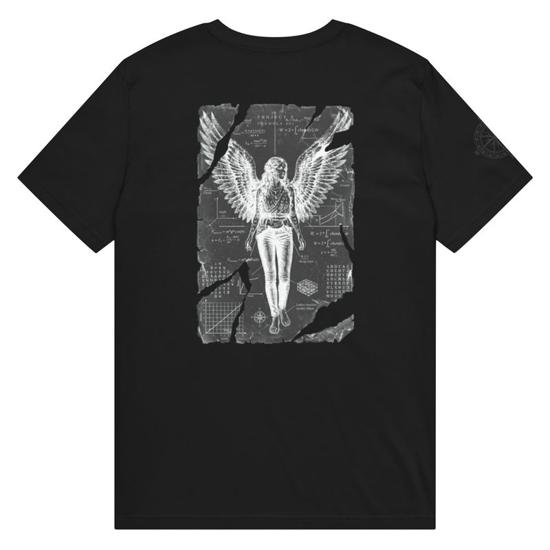 Back view of black organic unisex t-shirt featuring Anatomia Divina transcendent angel design in invert b&amp;w, flat view