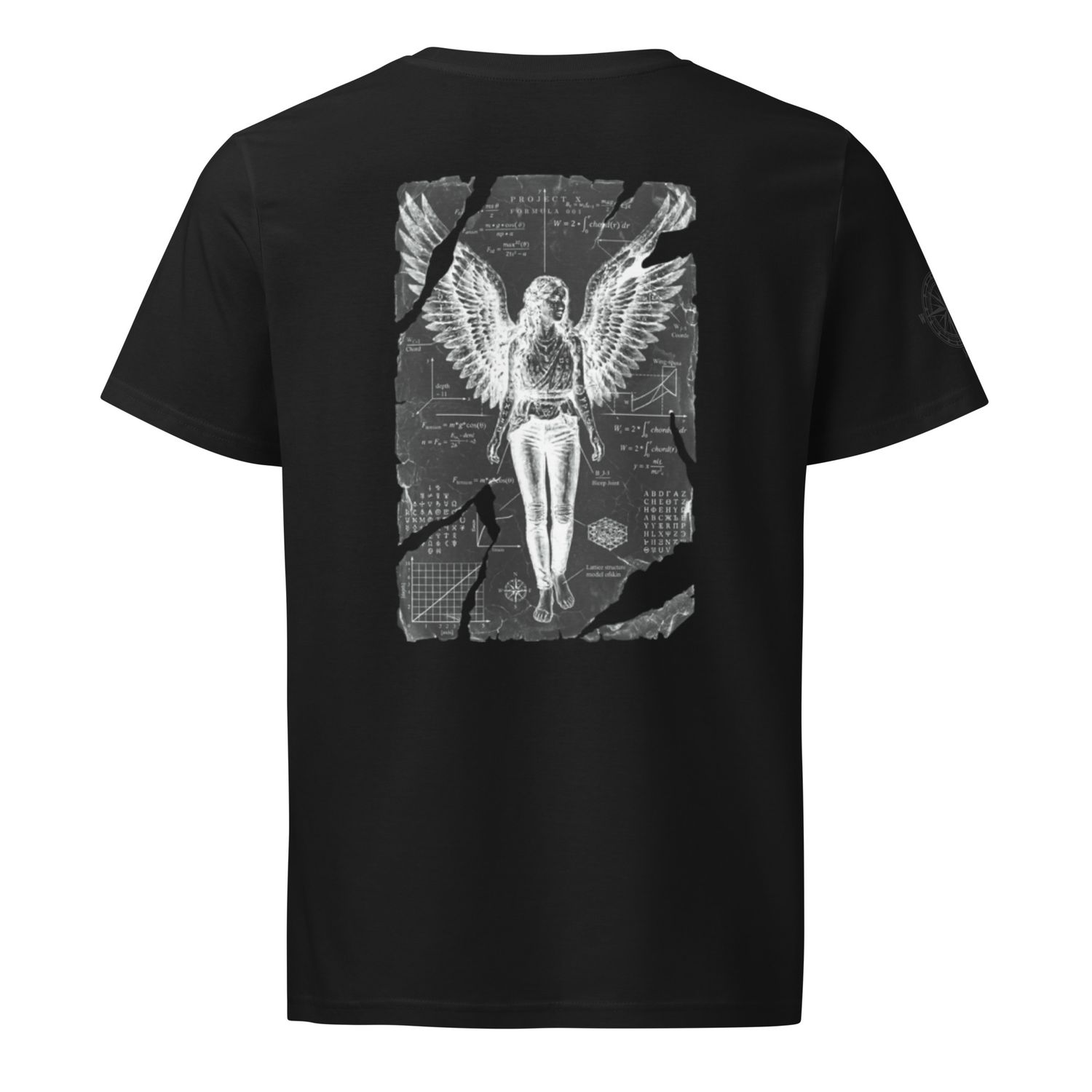 Back view of black organic unisex t-shirt featuring Anatomia Divina transcendent angel design in invert b&amp;w