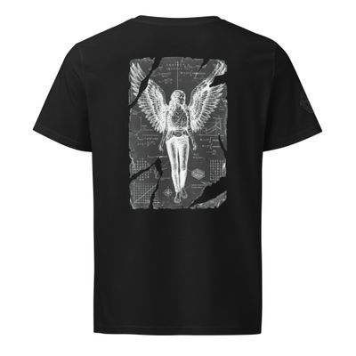 Back view of black organic unisex t-shirt featuring Anatomia Divina transcendent angel design in invert b&amp;w