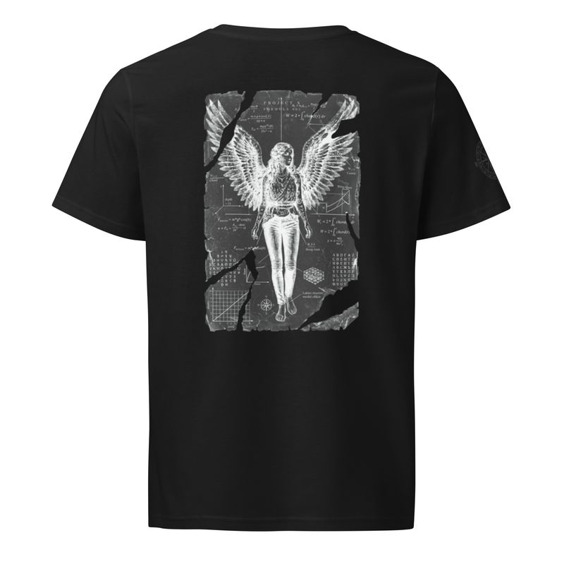 Back view of black organic unisex t-shirt featuring Anatomia Divina transcendent angel design in invert b&amp;w