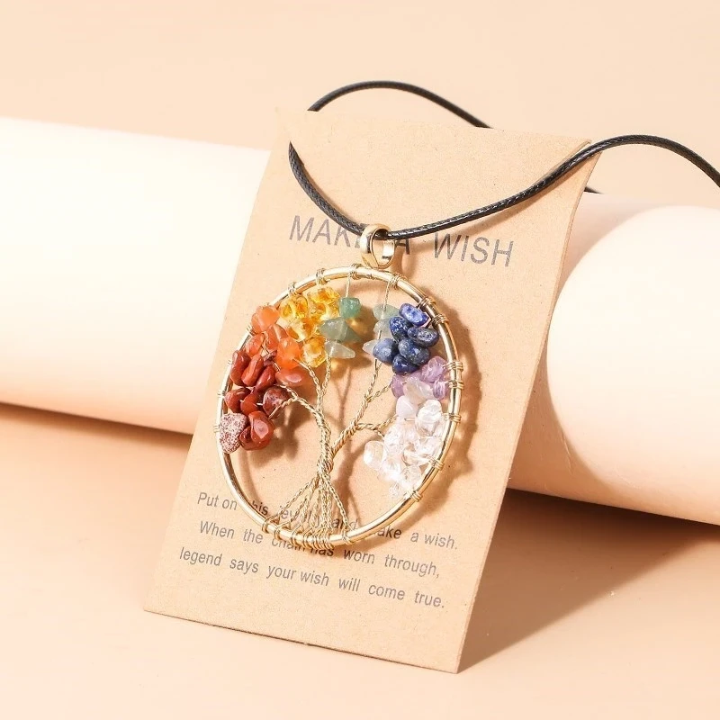 Pendant Necklace Gold Colour Wisdom Natural Crystal Chip Beads Handmade Rope Jewellery Gift