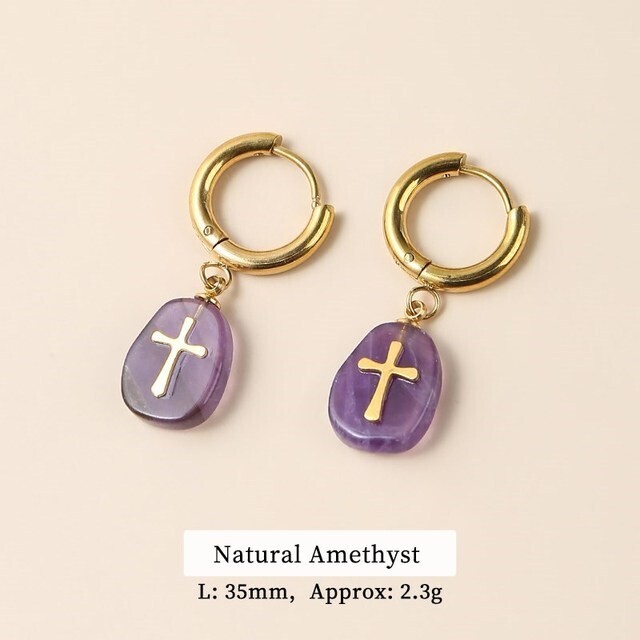 Natural Amethyst Crystal Stone Stainless Steel Vintage Hoop Earrings Women Reiki Healing Simple Cross Ear Studs