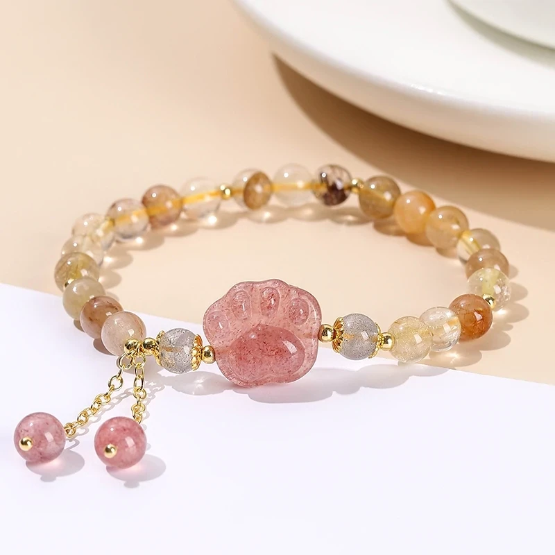 Natural Stone Colourful Beautiful Quartz Cat Paw Braided Chain Bracelets Women Fashion Strawberry Quartz Jewellery