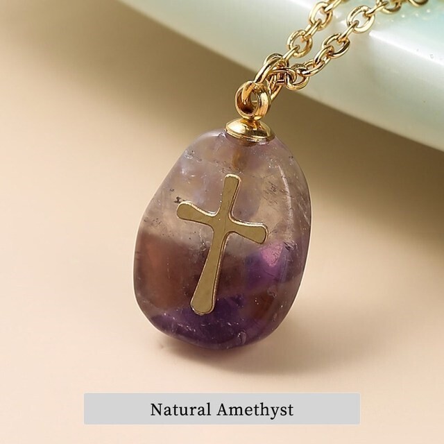 Pink Quartz Inlaid Cross Pendant Chain Necklace Women Elegant Gemstone Beads Handmade Choker Jewellery