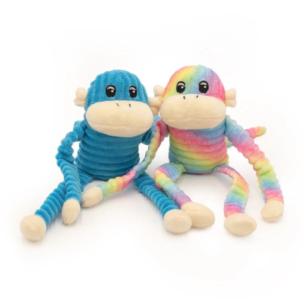 Zippy Paws Spencer the Crinkle Monkey Dog Toys - 2-Pack Small Rainbow &amp; Blue