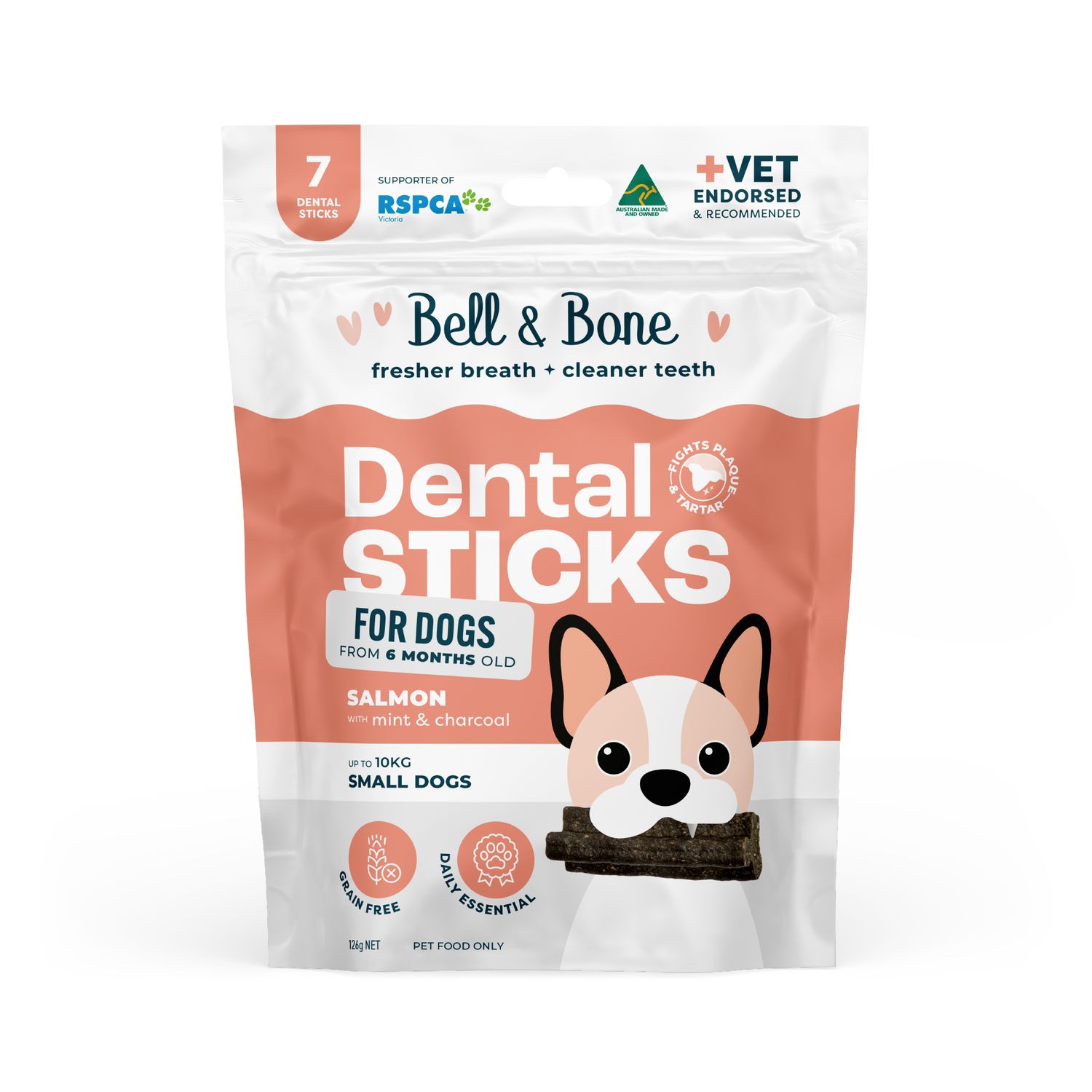 Bell &amp; Bone Dental Sticks Salmon, Mint &amp; Charcoal, Size: 126g, Colour: Small