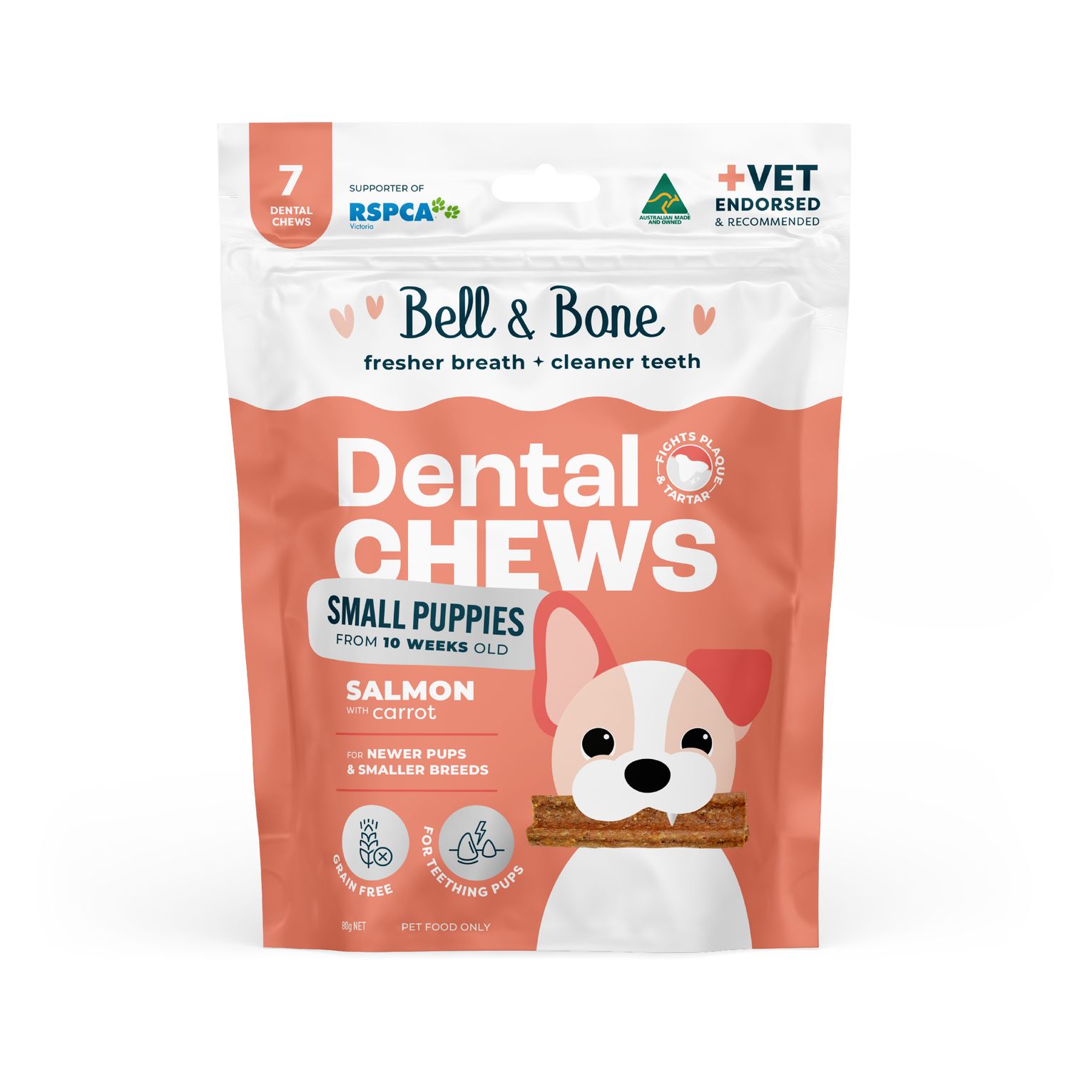 Bell &amp; Bone Puppy Dental  Chews, Size: Small Puppy, Flavour: Salmon &amp; Carrot