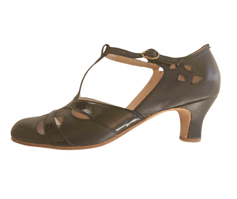 M-0520 - (Moss) Black / Black Patent Cross Piece. Leather Sole, 6cm Heel. Options available.