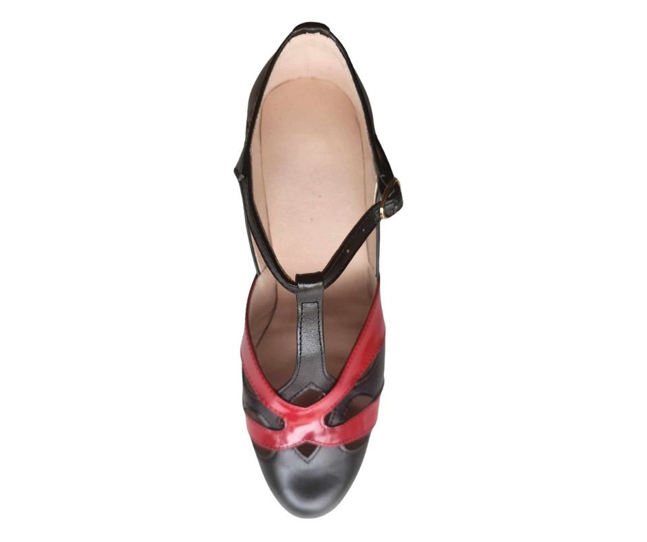 M-0520 - (Moss) Black / Red Patent Cross Piece. Leather Sole, 4cm Heel. Heel and Colour options available.