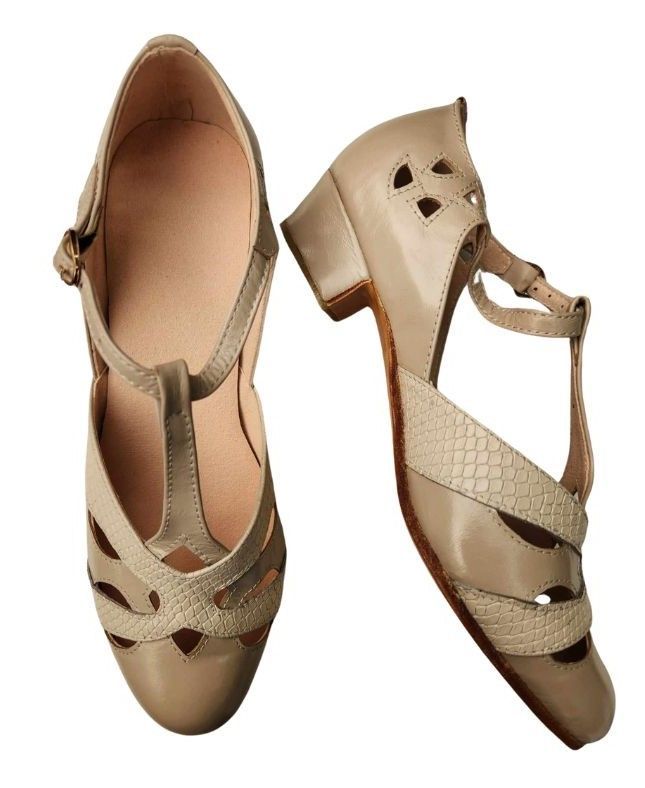 M-0520 - (Moss) Nude with Beige Textured Cross Piece, Leather Sole, 3cm Heel. Heel and Colour options available.