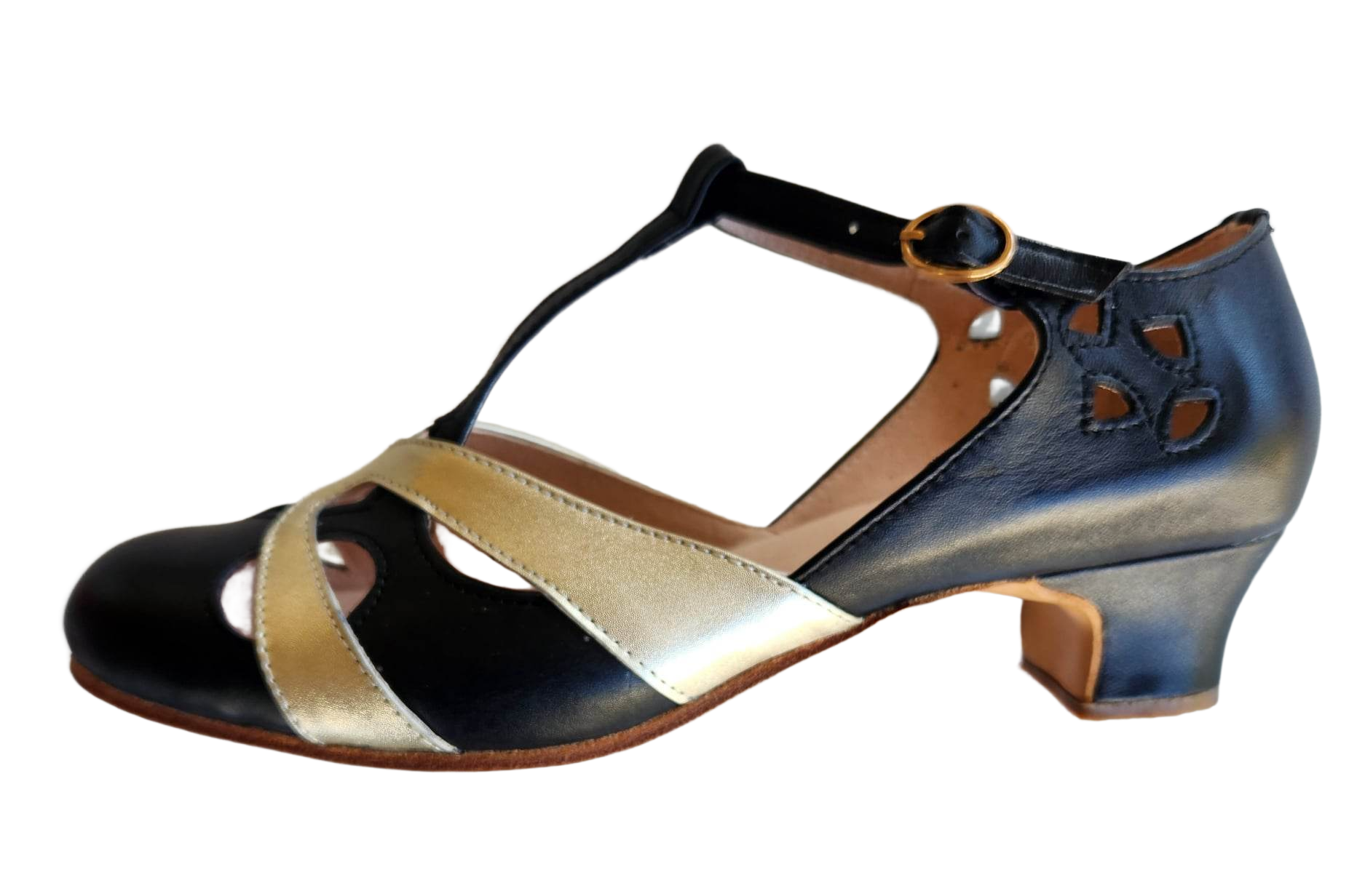 M-0520 - (Moss) Black / Gold Cross Piece, Leather Sole, 4cm Heel. Heel and Colour options available.