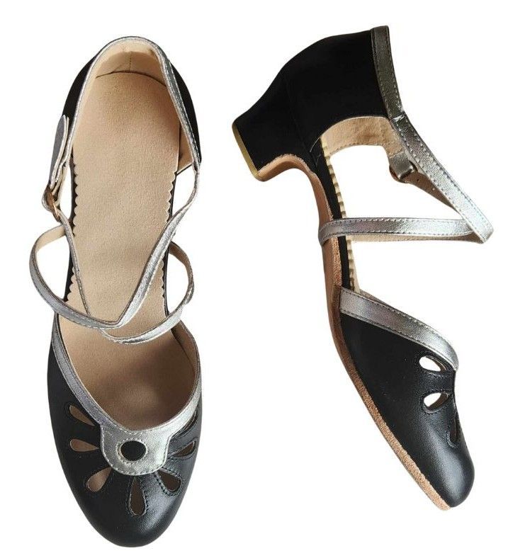 M-0252 - (Moss), Black/Silver Trim, Leather Sole, 4cm Heel. Heel and Colour options available.