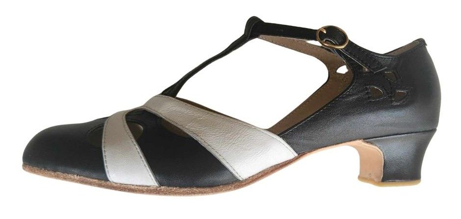 M-0520 - (Moss) Black / White Cross Piece. Leather Sole, 4cm Heel. Heel and Colour options available.