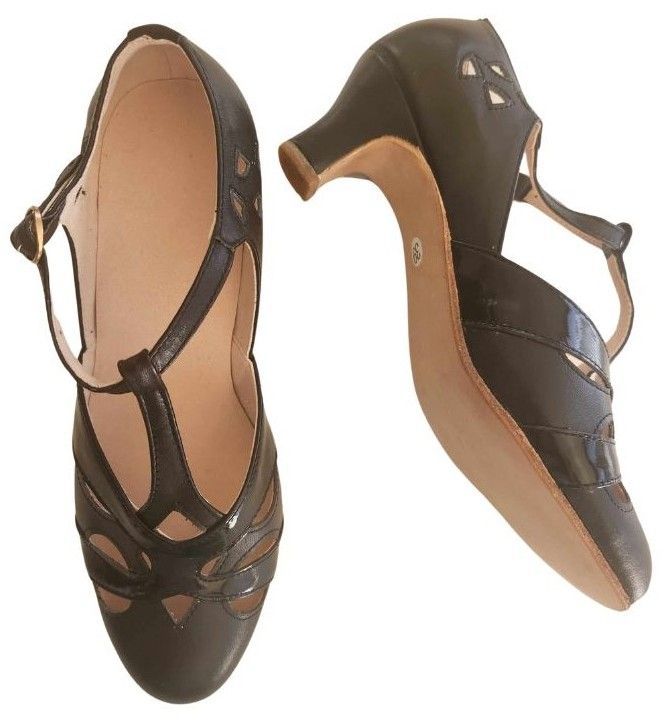 M-0520 - (Moss) Black with Black Patent Cross Piece, Leather Sole, 6cm Heel. Options available.