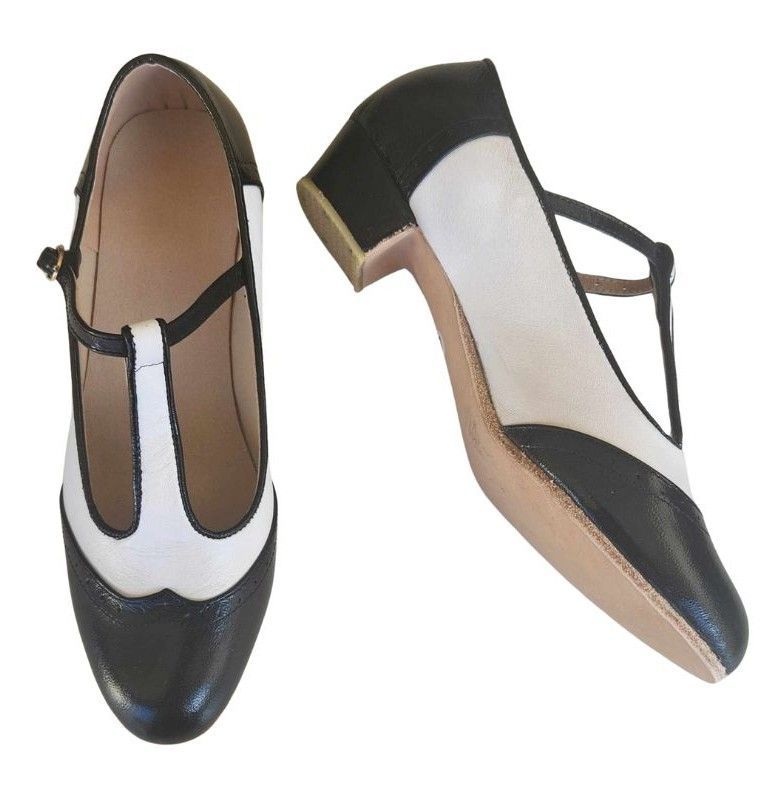 M-0726 - (Moss) Black Patent/White Matte, Leather Sole, 3cm Heel. Heel and Colour options available.
