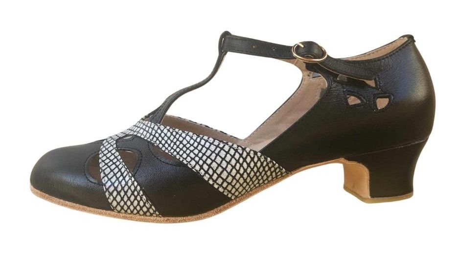 M-0520 - (Moss) Black / White Check Cross Piece. Leather Sole, 4cm Heel. Heel and Colour options available.