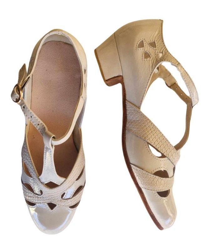M-0520 - Ivory Patent with Beige Textured Cross Piece, Leather Sole, 3cm Heel. Options available.