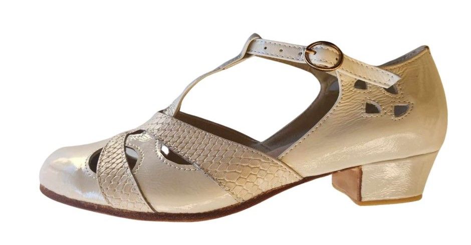 M-0520 - (Moss) Ivory Patent / Beige Textured Cross Piece. Leather Sole, 3cm Heel. Options available.