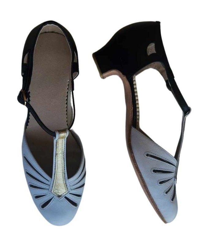 M-0523 - Black / White, Leather Sole, Gold T-Bar