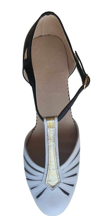 M-0523 - (Moss) Black / White, Leather Sole, Gold T-Bar