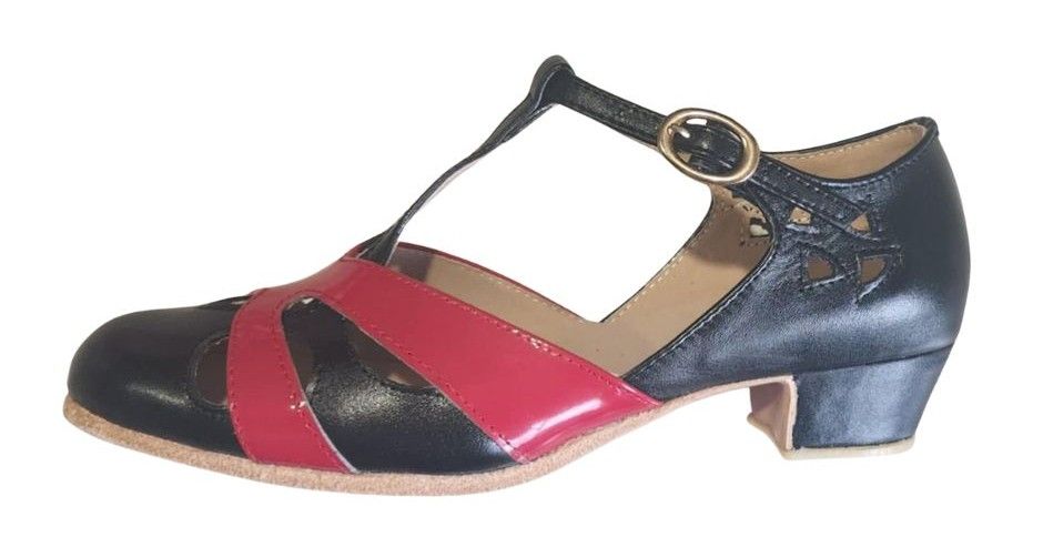 M-0520 - (Moss) Black / Red Patent Cross Piece. Leather Sole, 3cm Heel. Heel and Colour options available.