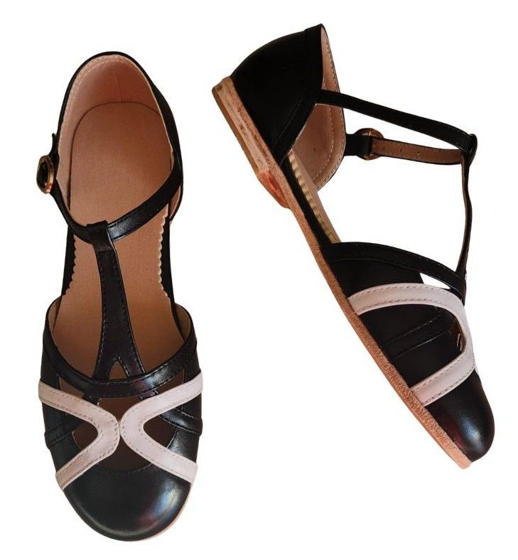 M-1862 - (Moss) Black / White Cross Piece, Leather Sole, 1cm Heel. Heel and Colour options available.