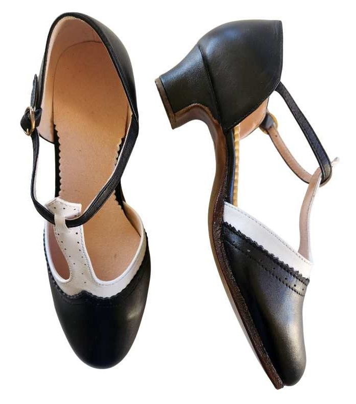M-0301 - (Moss) Black / White, Leather Sole, 3 or 4cm heel. Heel and Colour options available.