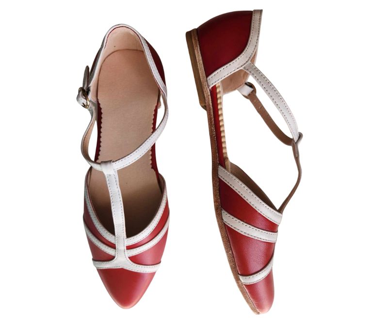 M-0618 - (Moss) Red / White Leather, Leather Sole.  (Clearance)