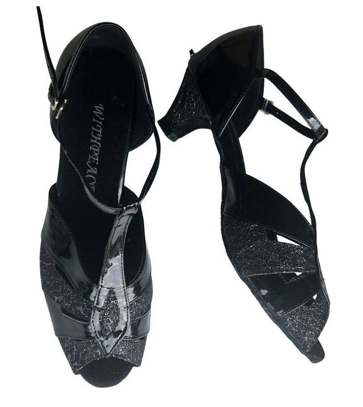 JF-2702#58+43 - (Clearance) Black Patent with Black/Silver Glitter Lace