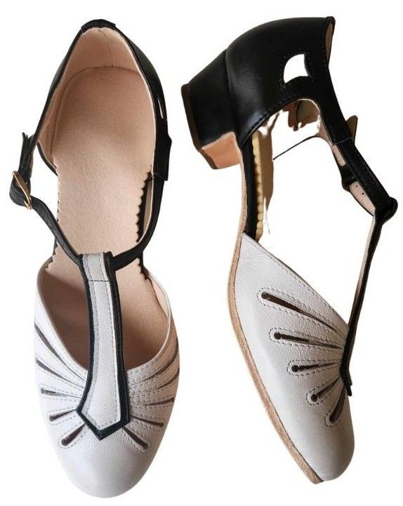M-0523 - (Moss) Black / White Leather, Leather Sole, 3cm heel. Heel and Colour options available.