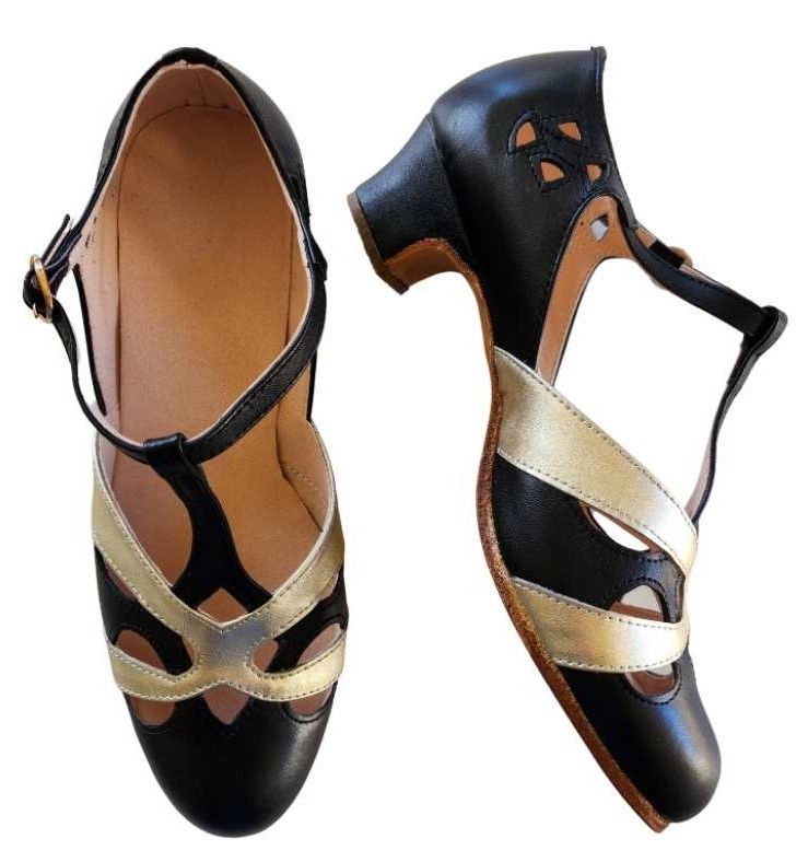 M-0520 - (Moss) Black / Gold Cross Piece, Leather Sole, 4cm Heel. Heel and Colour options available.