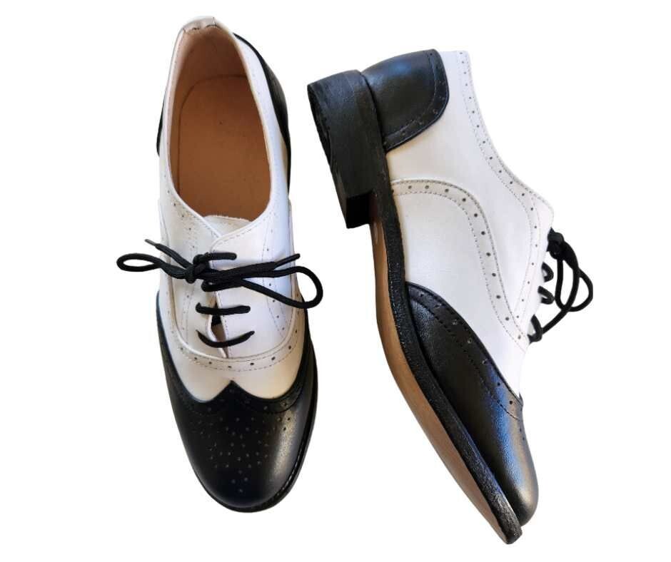 M-0317 - (Moss) Ladies Black / White Leather, Leather Sole. Colour options available.