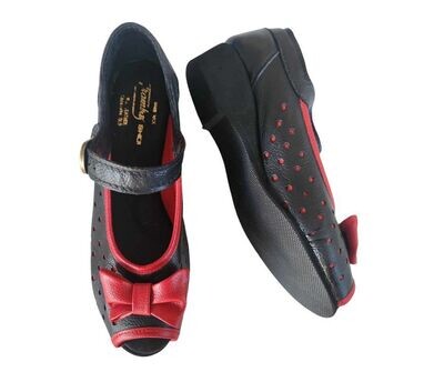 WENDY - Black / Red Trim Leather, Wedge EVA Sole. Heel and Colour options available. WENDY - Black / Red Trim Leather, Wedge EVA Sole. Heel and Colour options available.