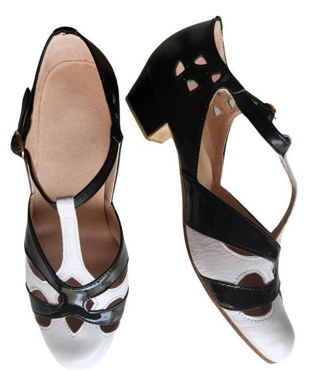 M-0520 - (Moss) Black / White with Black Patent Cross Piece. Leather Sole, 3cm Heel. Heel and Colour options available.