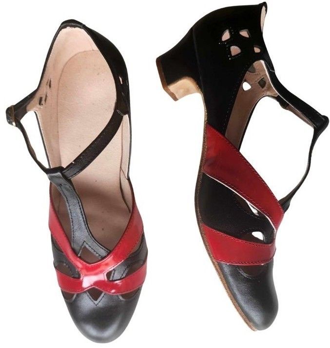 M-0520 - (Moss) Black / Red Patent Cross Piece. Leather Sole, 4cm Heel. Heel and Colour options available.